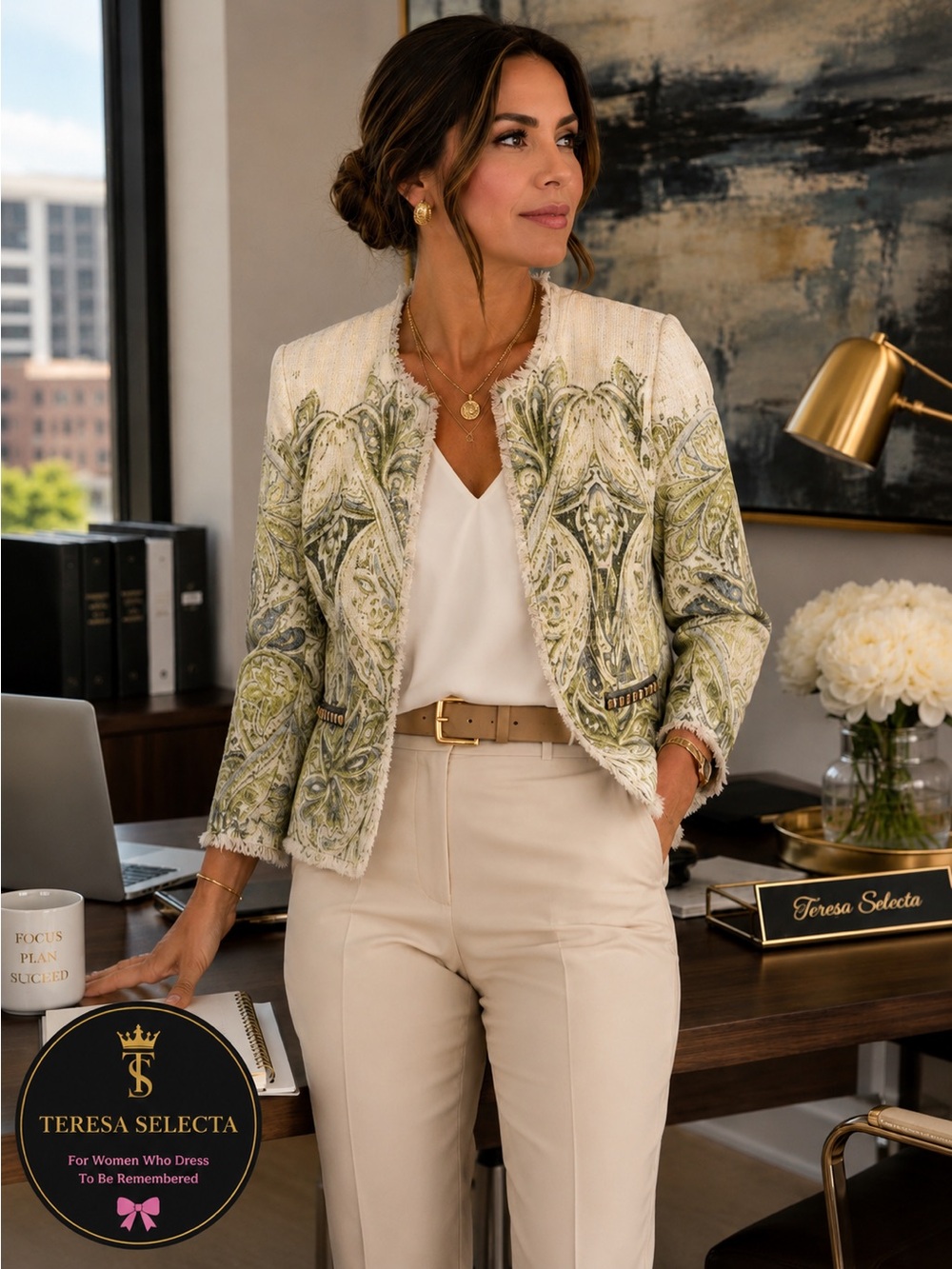 Chico’s Open Front Frayed Trim Printed Jacket Blazer Women’s Size 0